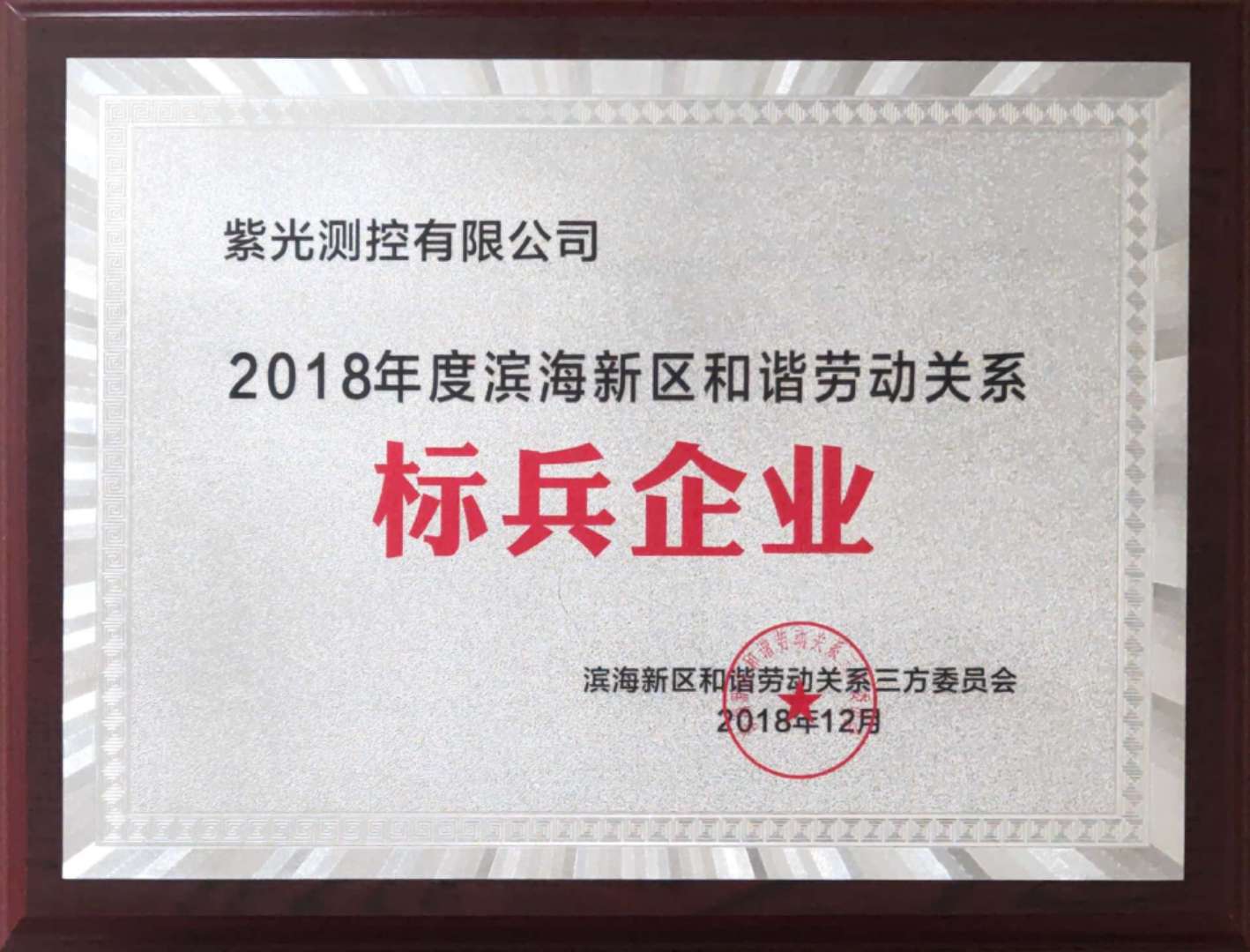 紫光測控有限公司被評為“2018年度濱海新區(qū)和諧勞動關系標兵企業(yè)”